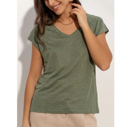 T-shirt v-hals linnen olijf